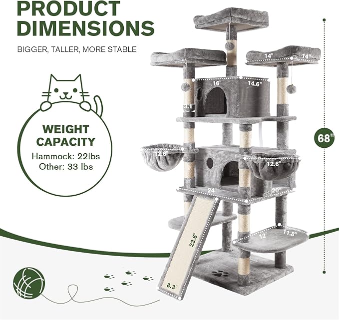 IMUsee 68 Inches Multi-Level Large Cat Tree for Large Kitties/Big Cat Tower with Condo/Cozy Plush Perches/Sisal Scratching Posts and Hammocks/ ‌Feline Activity Center Play House/Grey