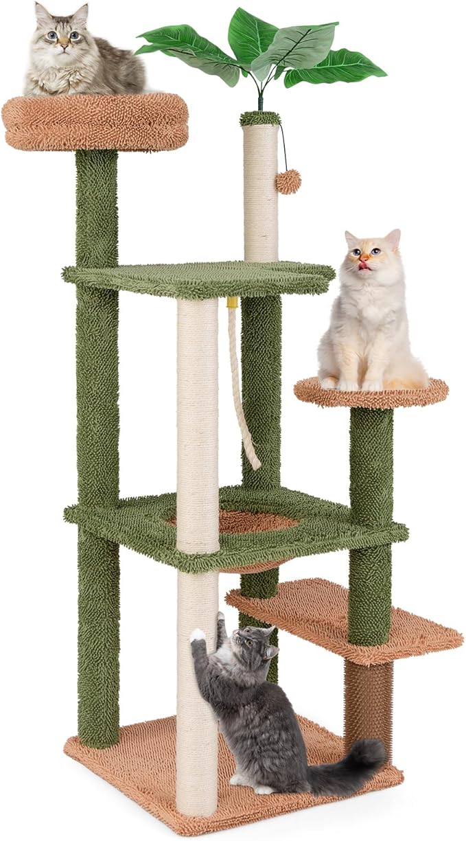 Tangkula Plant Cat Tree, 60 Inch Green Aesthetic Cat Tower with Sisal Scratching Posts, Artificial Leaves, Perch, Hammock, Self Groomer, Rope, Pompom Ball, Cute Cat Tree Tower for Indoor Cats