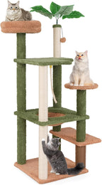 Tangkula Plant Cat Tree, 60 Inch Green Aesthetic Cat Tower with Sisal Scratching Posts, Artificial Leaves, Perch, Hammock, Self Groomer, Rope, Pompom Ball, Cute Cat Tree Tower for Indoor Cats