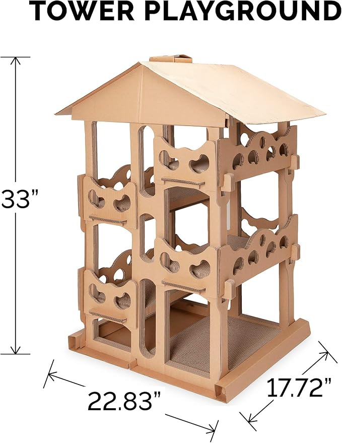 Furhaven Cardboard Cat House Tower Playground, Multi-Level Cat Tree Hideout Scratcher with Catnip