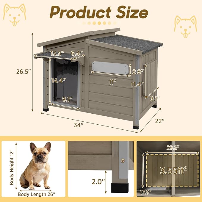 Outdoor Wooden Dog House for Small Dogs, Weatherproof Winter Dog Kennel with Openable Roof & Window, Chew-Resistant Frame, Cozy Indoor Shelter (Grey, 34" D x 22" W x 26.5" H)