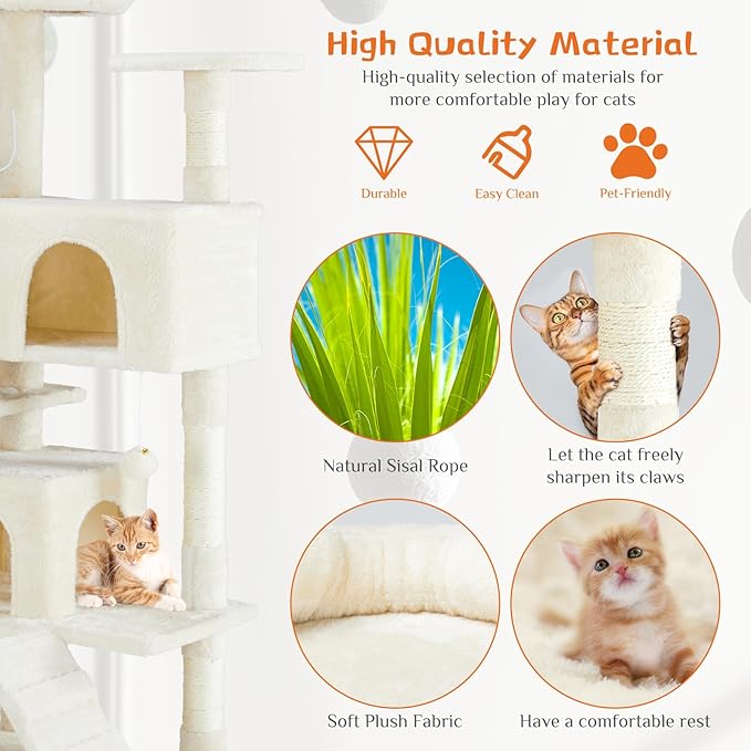 Hexago 54 Inch Cat Tree Tower for Indoor Cats, Multi-Level Cat Condo with Scratching Posts, Climbing Ladder, Plush Hammock, and Toy Ball, Stable Cat Play House Furniture, Beige