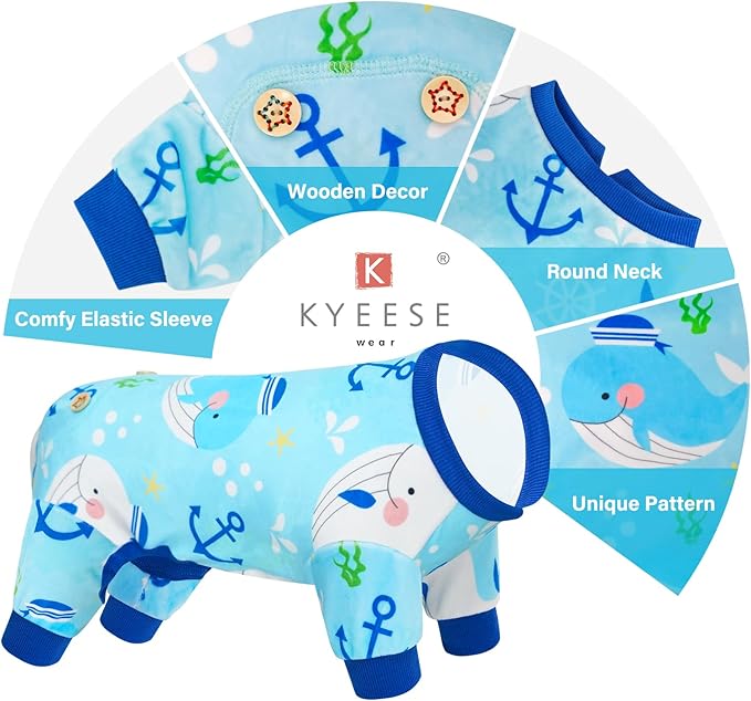 KYEESE Dog Pajamas Stretchy Pet Jammies Coat Comfy Pet Onesie Costume Velvet Dog Pajamas Small Sized Dogs Soft Dogs Clothes Pjs with Whale Pattern, Large