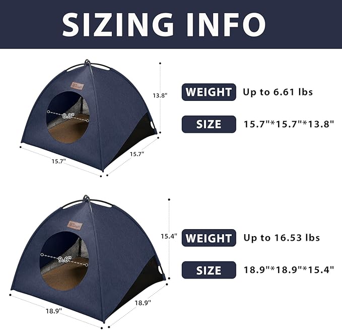 Pop-up Cat Tent Indoor Outdoor,Waterproof Cat House with Removable Cushion for All Seasons, Portable Pyramid Cat Cave Bed for Cats & Small Dogs, No Assembly Folding Pet Tent, 15.7x15.7x13.8, Blue