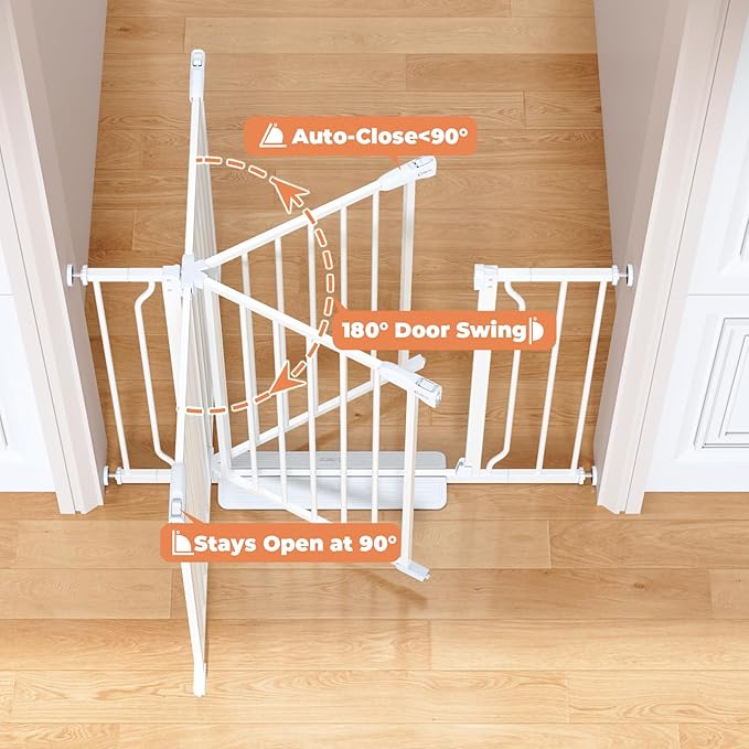 34" Extra Tall Baby Gate for Stairs, Auto Close Stroller Friendly Dog Gate Indoor for Doorways, Pressure Mounted 29"-45" Wide Baby Gate, Easy Walk Through Gate for Children & Pets, White