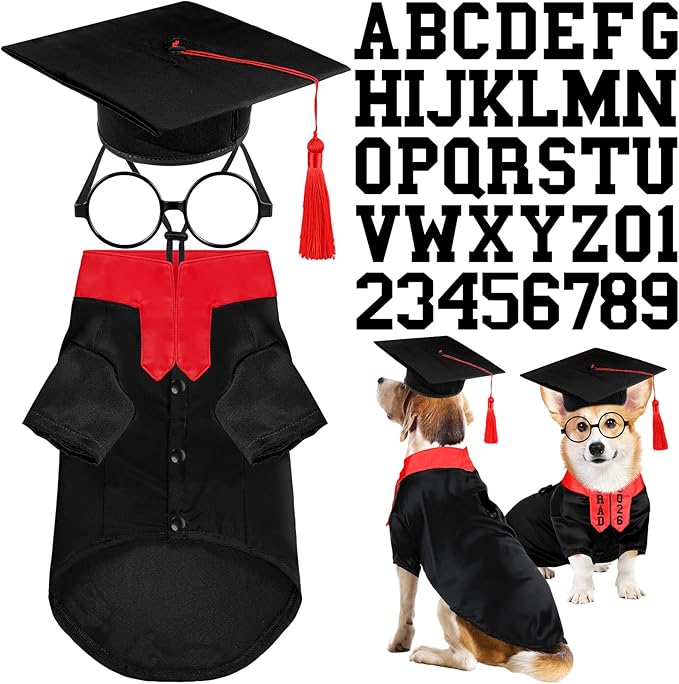 5 Pcs Dog Graduation Costume Set Include 2026 Pet Graduation Gown with Stole Puppy Grad Cap Lensless Glasses DIY Letter Stickers for Dogs Cats Holiday Costume Accessory(Black Red,L)