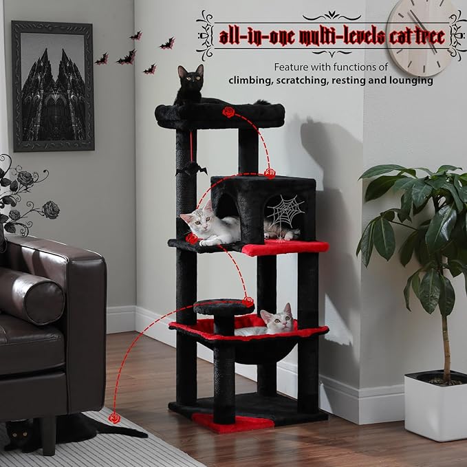 PETEPELA 45.7" Gothic Cat Tree for Indoor Cats, Cat Tower for Large Cats with Metal Frame Large Hammock (17.3"x15.3"), Cat Condo with (18.5"x13") Big Top Perch & 4 Sisal Covered Scratching Posts,Black