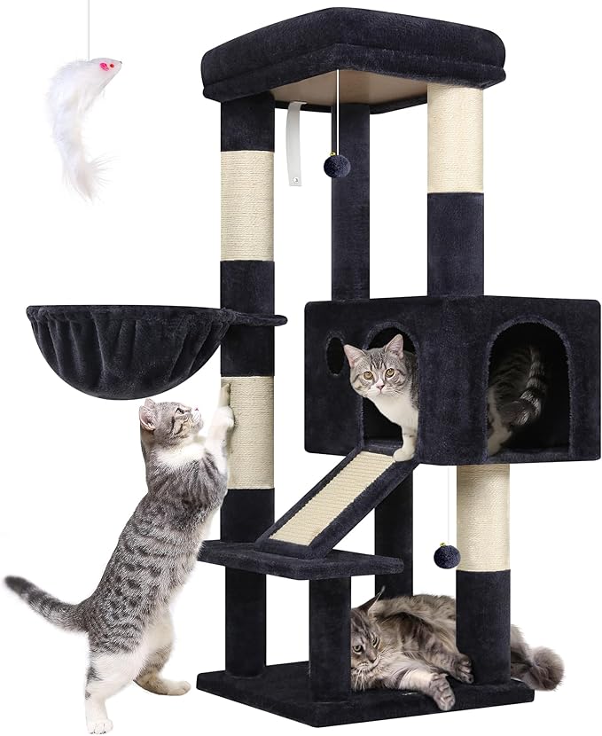 Globlazer Extra Thick Scratching Posts Tower Sturdy 50-inch Corner Cat Tree Tower for Indoor Cats, Cat Tower for Adult Cats with Scratching Board, Kitty Condo, Basket, S50, Dark Gray