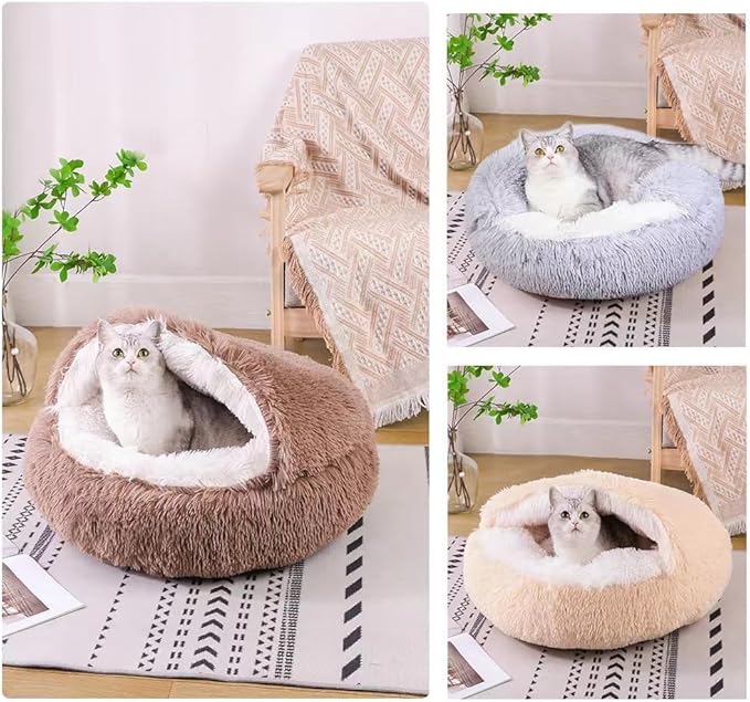 Cat Bed Round Fluffy Hooded Cat Bed Cave, Anti-Anxiety Cave Bed with Hooded Blanket, Cozy Cuddler Luxury Puppy Pet Bed, Anti-Slip Bottom and Machine Washable (Brown, Medium)