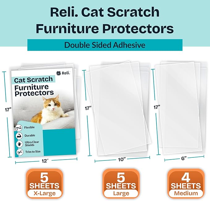 Reli. Cat Scratch Furniture Protector (14 Pack, Double Sided), Combo Pack | Cat Couch Protector from Claws/Clear Anti Scratch Furniture Shield