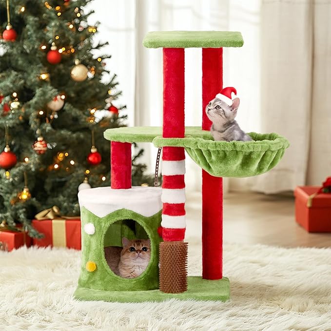 Christmas Decorations, Christmas Cat Tree Tower, 31.5 inch Cat Furniture with Condo & Hammock, Scratching Post for Indoor Cats, Green Red White Cat Tree with Massage Brush (31.5 in Christmas)