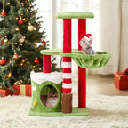 Christmas Decorations, Christmas Cat Tree Tower, 31.5 inch Cat Furniture with Condo & Hammock, Scratching Post for Indoor Cats, Green Red White Cat Tree with Massage Brush (31.5 in Christmas)