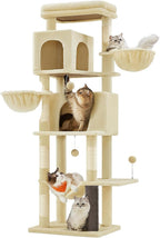 Feandrea Cat Tree, 69-Inch Tall Cat Tower, Multi-Level Plush Condo with 2 Caves, 2 Baskets, 5 Scratching Posts, Self-Groomer, Perch, Hammock, Sand Beige UPCT182Y01