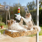 Cat Window Perch with Industrial-Grade Suction Cups and Ball Toy, Cat Window Hammock - 45 lbs Capacity, Handwoven Straw Sturdy Hanging Bed Seat Soft Cushion for Large Heavy Cats