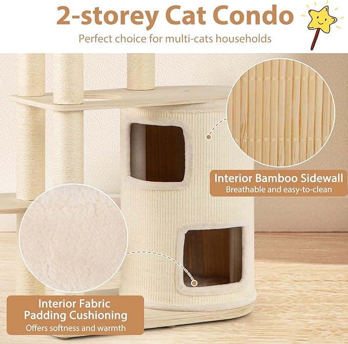 PETSITE 60 Inch Modern Tall Cat Tree for Indoor Cats, Wooden Cat Tree Tower with 2-Story Condo, Sisal Scratching Posts and Board, Top Perch, and Round Napping Bed, Soft Washable Cushions Covered