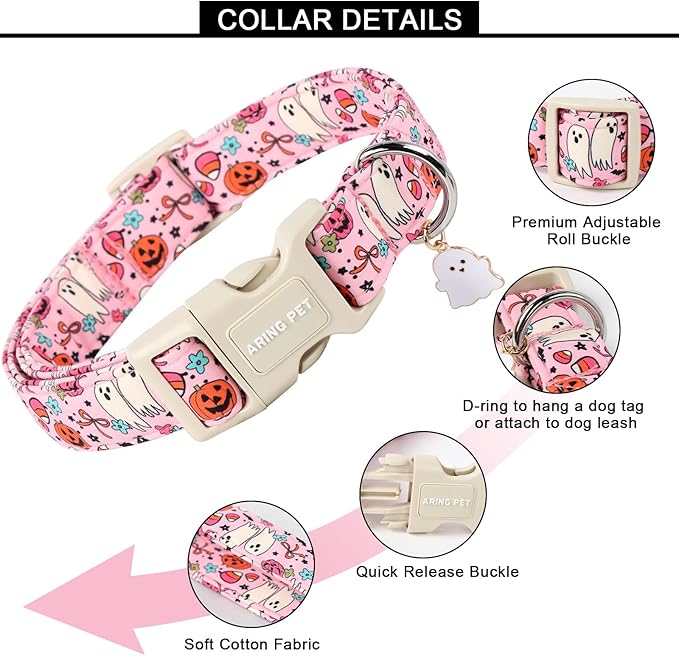 ARING PET Halloween Dog Collars, Cute Pink Pumpkin Ghost Flower Bowtie Pet Collar with Quick Release Buckle for Small Medium Large Girl Boy Dogs-S