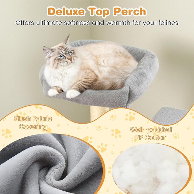 Tangkula Tall Cat Tree, 63 Inch Large Cat Tower with Sisal Scratching Posts, Plush Top Perch, Condo, Hammock, Basket Bed, Dangling Balls & Jumping Platforms for Indoor Cats Large Adult (Light Grey)