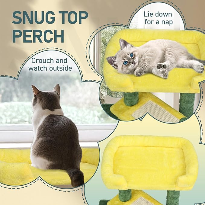26.7" Small Cat Tree for Indoor Cats, Multi-Level Cat Tower with Sisal Scratching Post & Pad, Cozy Cat Condo, Padded Top Perch & Self Groomer, Forest Green & Yellow