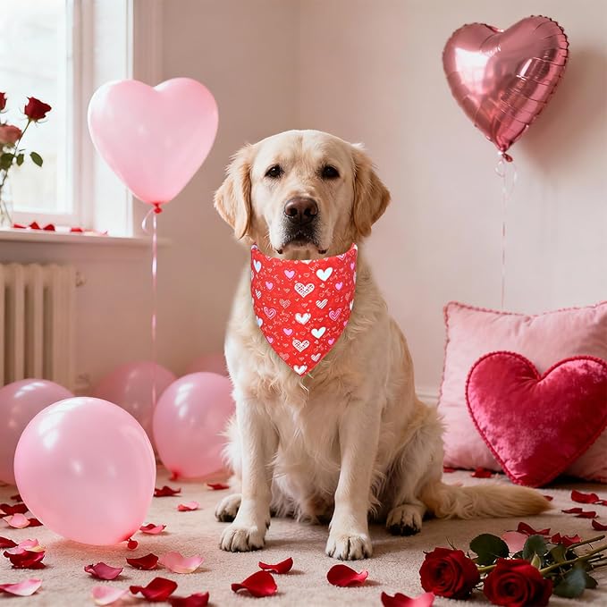 Valentine’s Day Dog Bandana for Medium to Large Dogs - Reversible Black Red Hearts Candy Print Scarf, Cute Pet Accessory for Valentine Gift