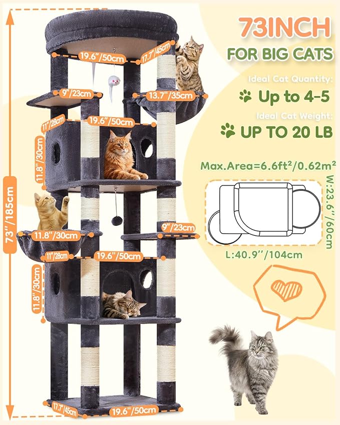 Taoqimiao 73 Inch Cat Tree XXL, Cat Tower for Indoor Cats, Large Cat Tree for Big Cats, Enlarged Platform, 2 Spacious Cat Condos, 9 Scratching Posts, 2 Cozy Baskets, F30G Smoky Gray