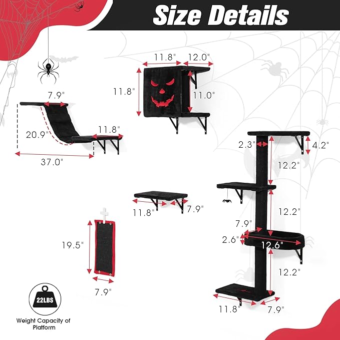 Gothic Wall Mounted Cat Furniture Set 5 Pieces Luxury Wall Shelves Cat Climber Tree and Bridge Vertical Cats Wall Playground Black and Red