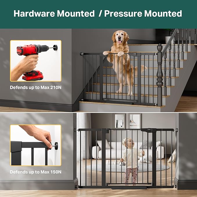 Cumbor 2 Pack 29.7-51.5" Extra Wide Baby Gate for Stairs, Easy Walk Through Dog Gates for Doorways, Pressure Mounted Pet Gate Indoor, Safety Auto-Close Child Gate for Kids with 4 Wall Cups, Black