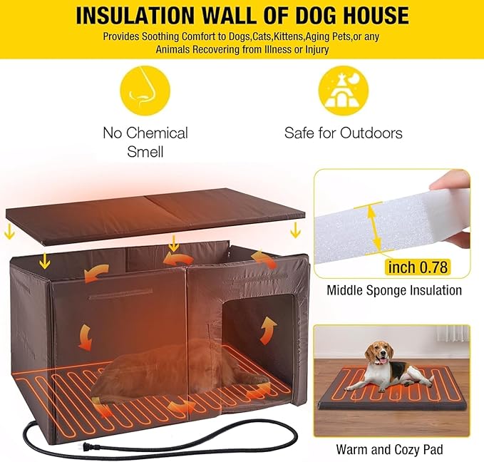 Aivituvin Heated Dog House Outdoor 59" Extra Large Insulated Dog Kennel with Heating Pad Keep Warm in Winter Dog Cage for Small & Medium & Large Dogs,All-Around Strong Iron Frame