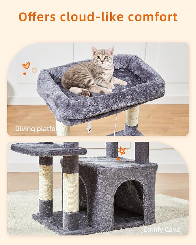 Taoqimiao Cat Tree,39.4-Inch Cat Tower for Indoor Cats,Suitable for Kittens with Luxurious cat condo with Soft Hammock and Luxurious Perch MS027G Smoky Gray