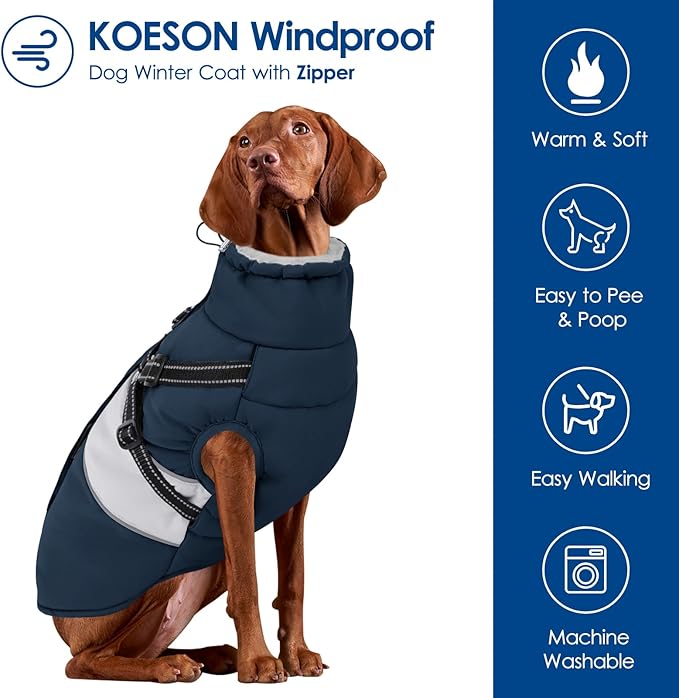 KOESON Large Dog Coat, Warm Dog Winter Coat Cold Weather Jacket with Built-in Harness and Reflective Straps, Windproof Pet Puffer Jacket Zip Up Fleece Vest for Pitbull, Husky, Navy Blue L