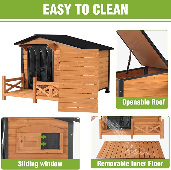 GUTINNEEN Large Heated Dog House Outdoor Insulated Dog Kennel with Safe Heating Pad, Chew-Proof Metal Frame and 6-Sided Insulated Liner for Medium to Large Breeds, 44.6" L x 41.1" W x 32.9“H (Brown)