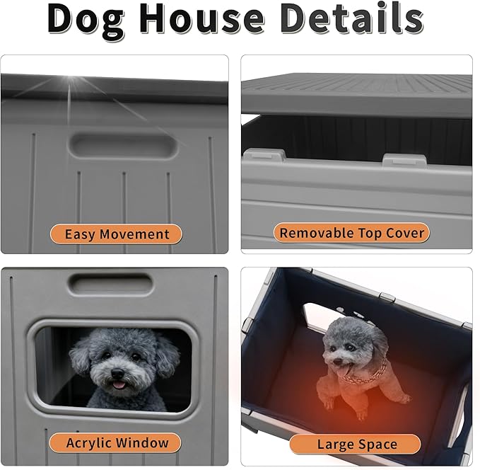 Rockever Insulated Dog House Outdoor Indoor for Small Medium Dogs, Insulated Dog House with Insulated Liner, Plastic Elevated Outdoor Dog House Waterproof Dog Kennel, Clean Easily((M & Liner)