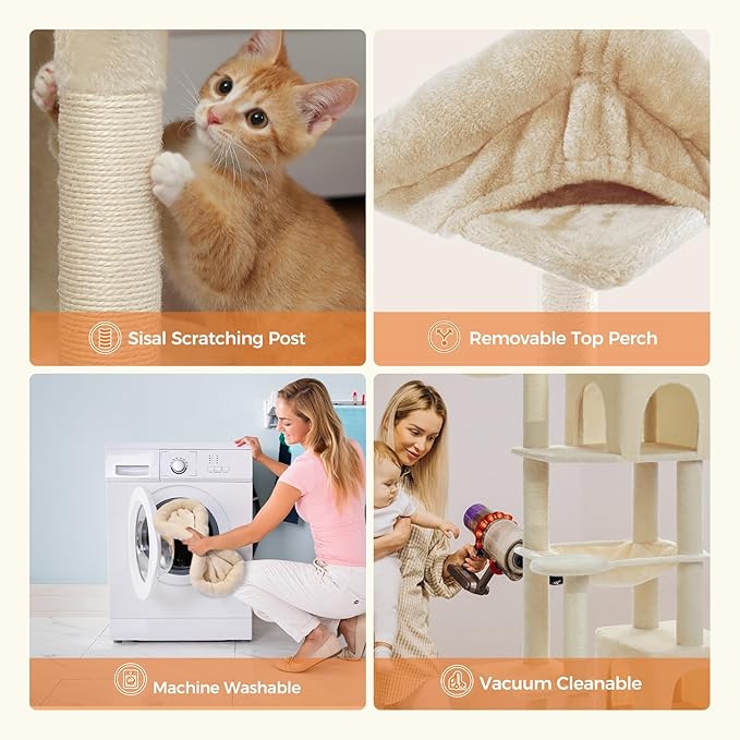 PETEPELA 69" Tall Cat Tree for Indoor Large Cats, Cat Tower for Adult Cats with Super Big Hammock, Cat Climbing Tree Tower with Scratching Posts, Condo House and Large Top Perch, Beige