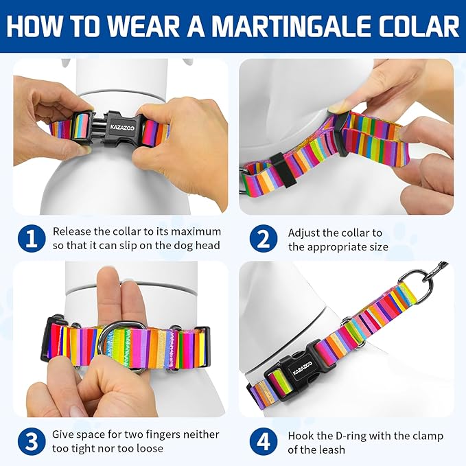 Kazazoo Martingale Collar for Dogs with Quick Release Buckle Adjustable Soft Durable Dog Collar for Small Medium Large No Pull Training Dog Collars-Rainbow M