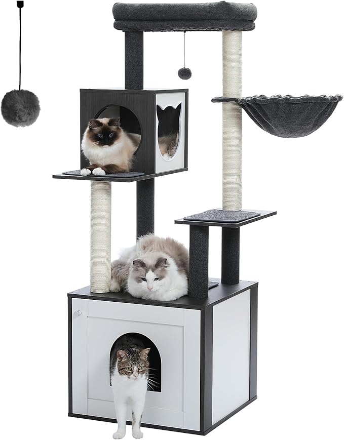 PETEPELA 56.7" Cat Tree with Litter Box Enclosure Large, Wood Cat Tower for Indoor Cats with Storage Cabinet and Cozy Cat Condo, Sisal Covered Scratching Post and Repalcable Dangling Balls, Black