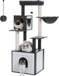 PETEPELA 56.7" Cat Tree with Litter Box Enclosure Large, Wood Cat Tower for Indoor Cats with Storage Cabinet and Cozy Cat Condo, Sisal Covered Scratching Post and Repalcable Dangling Balls, Black