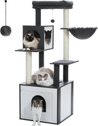 PETEPELA 56.7" Cat Tree with Litter Box Enclosure Large, Wood Cat Tower for Indoor Cats with Storage Cabinet and Cozy Cat Condo, Sisal Covered Scratching Post and Repalcable Dangling Balls, Black