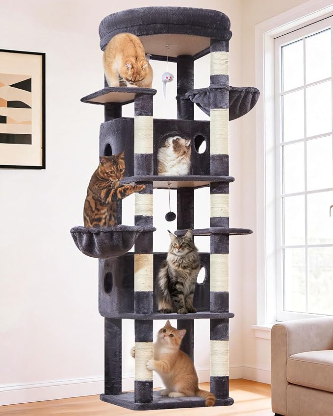 Taoqimiao 73 Inch Cat Tree XXL, Cat Tower for Indoor Cats, Large Cat Tree for Big Cats, Enlarged Platform, 2 Spacious Cat Condos, 9 Scratching Posts, 2 Cozy Baskets, F30G Smoky Gray