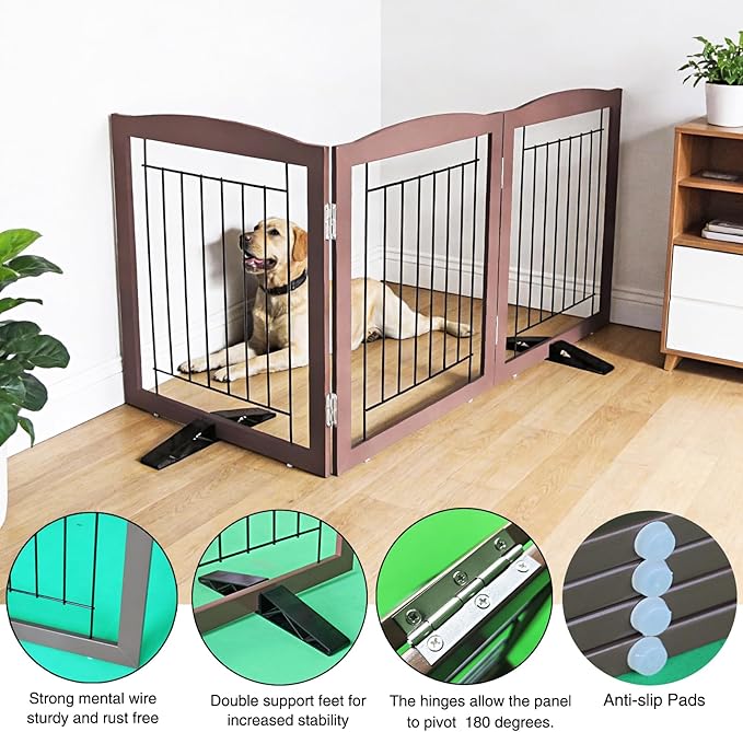 Dog Fence Indoor,Dog Gate Indoor for Doorway pet gate -3-Panel Freestanding, Hallways, House or Stairs -60x32-Inch Retractable Foldable Expandable Wood Pet by SFJC (Brown) ﻿