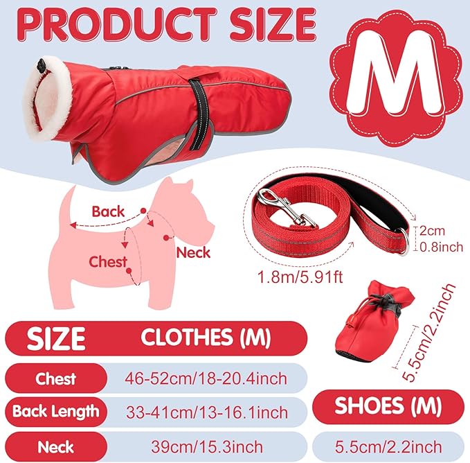 Winter Dog Coat and Snow Boots with Heavy Duty Dog Leash Waterproof Puppy Winter Jacket Cold Weather Coats Set Reflective for Small Medium Size Dogs Walking (Medium)