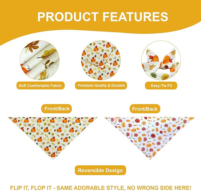 Thanksgiving Dog Bandanas 2-Pack for Small to Medium Dogs - Reversible Pumpkins & Fall Leaves Print Scarf, Cozy Pet Family Gatherings Accessories