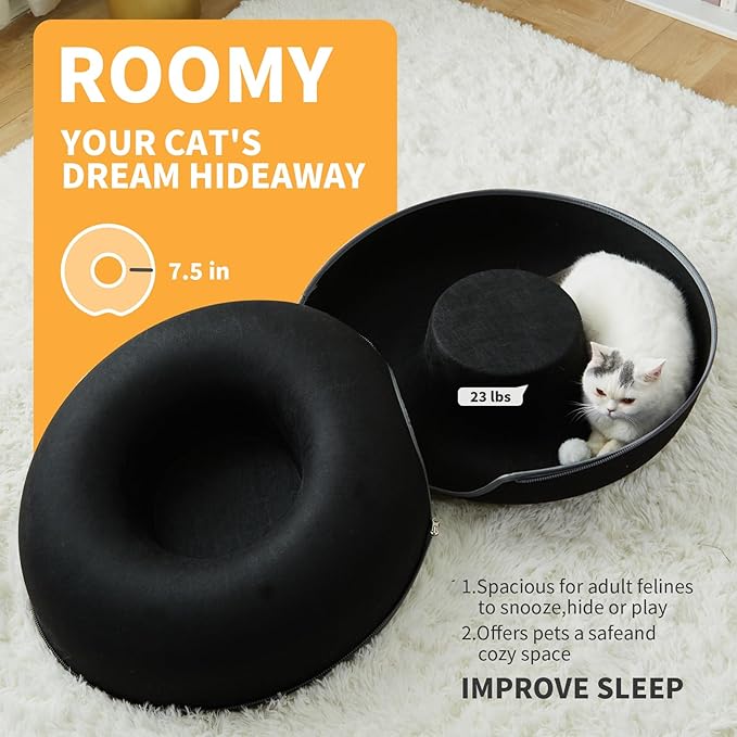 Peekaboo Cat Tunnel for Large Cats up to 30 lbs, Features A Jingle Ball, Removable and Washable Tunnel Bed, and a Cozy Donut Tunnel (Black, 24 Inches)