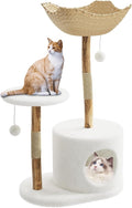 Modern Natural Wood Cat Tree, Stylish Solid Wooden Climbing Tower with Large Rattan Basket, Scratching Posts, Real Branch Design, White Luxury Perch for Rest and Play