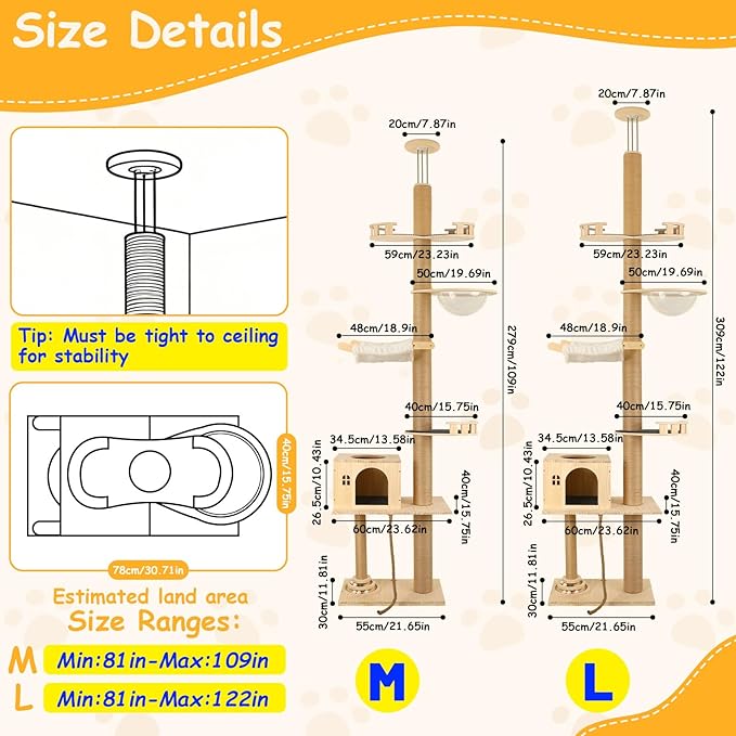 Cypherx Floor to Ceiling Cat Tree, 6 Tier Tall Cat Tower Adjustable Height (81-109 in), Modern Cat Tree Tower for Indoor Cats with Scratching Post, ransparent Capsule and Cozy Hammock, Wood