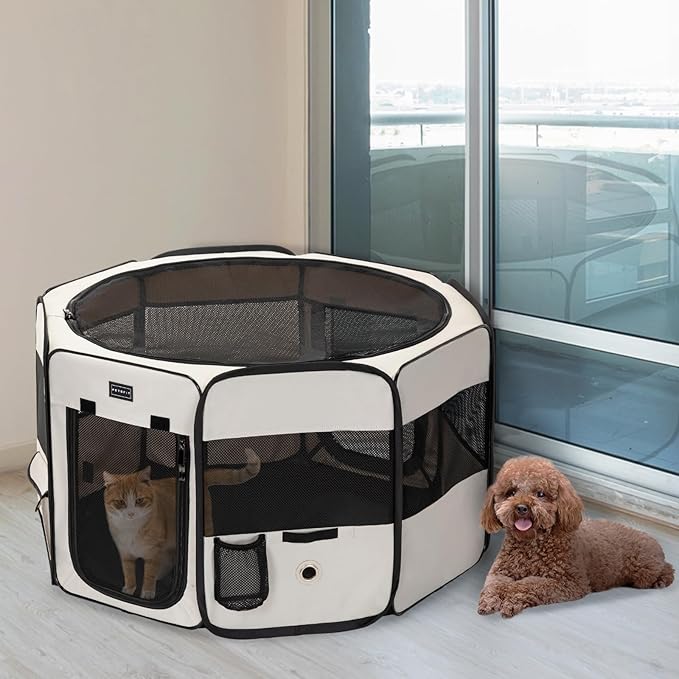 PETSFIT 45.5" Dog Playpen with Dual Zipper Doors –Sturdy Foldable Pet Playpen for Large & Medium Dogs with Removable Mesh Top and Leakproof Bottom