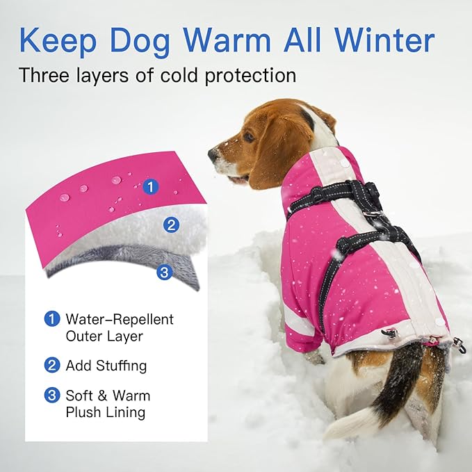 XXX-Large Dog Coat with Reflective Harness 2 in 1 for Dog Walking | Winter Turtleneck Windproof Coat for Large Dogs,Snowsuit with Sleeves Protect Joints,Cold-Weather Clothing(Rosered)