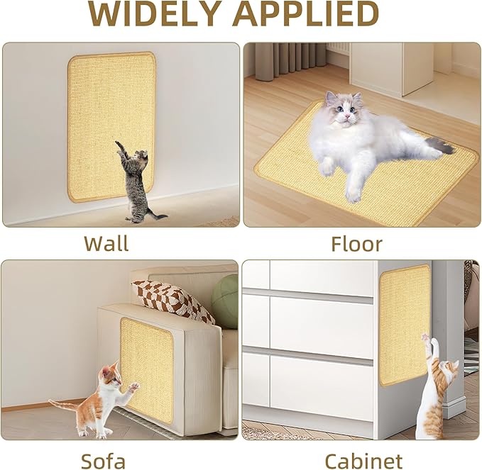 2 Pack Natural Sisal Cat and Rabbit Scratching Mat, 16" x 12" Horizontal Scratching Pad with Sticky Velcro Tape,Protects Furniture Sofa Carpet(Beige)