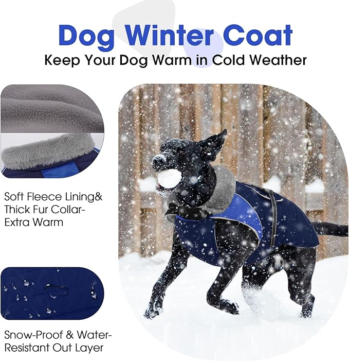 Nanaki Large Dog Coat for Winter Waterproof, Warm Fleece Lining Reflective Large Dog Jacket with Leash Hole, Furry Collar Cold Weather Puppy Vest Outdoor Walking Hunting Easy On Pet Snowsuit Blue 2XL