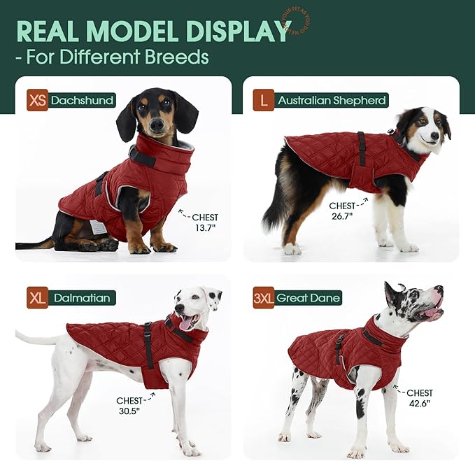 Kuoser Dog Coat Warm Fleece Lining Turtleneck Dog Jacket with Harness Built-in, Windproof Cold Weather Coats with Quick Release Buckle Pet Winter Snowsuit for Extra Large Dogs Great Dane, Red 3XL