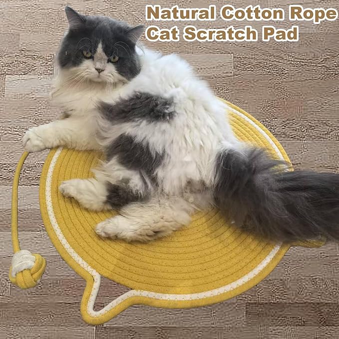 Cat Scratching Pad, Natural Cotton Rope Cat Scratch Mat, 16.9'' Round Wall & Floor Scratcher, Durable Furniture Protector for Couch, Carpet, Sofa, Eco-Friendly Cat Scratcher Pad（Yellow）