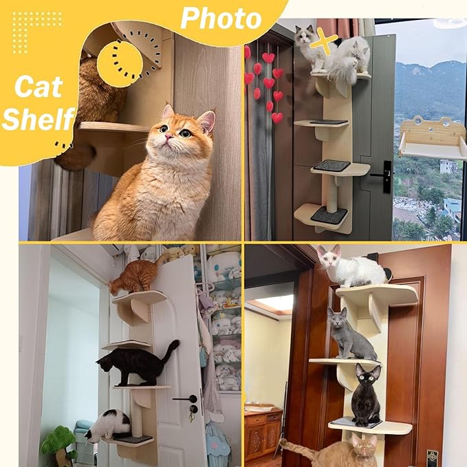 Door Hanging Cat Shelf 4-Levels Cat Tree Climber, No Drilling, Natural Solid Wood Cats Shelves Ladder, 59x15x10inch Pet Jump Shelf(Panda)